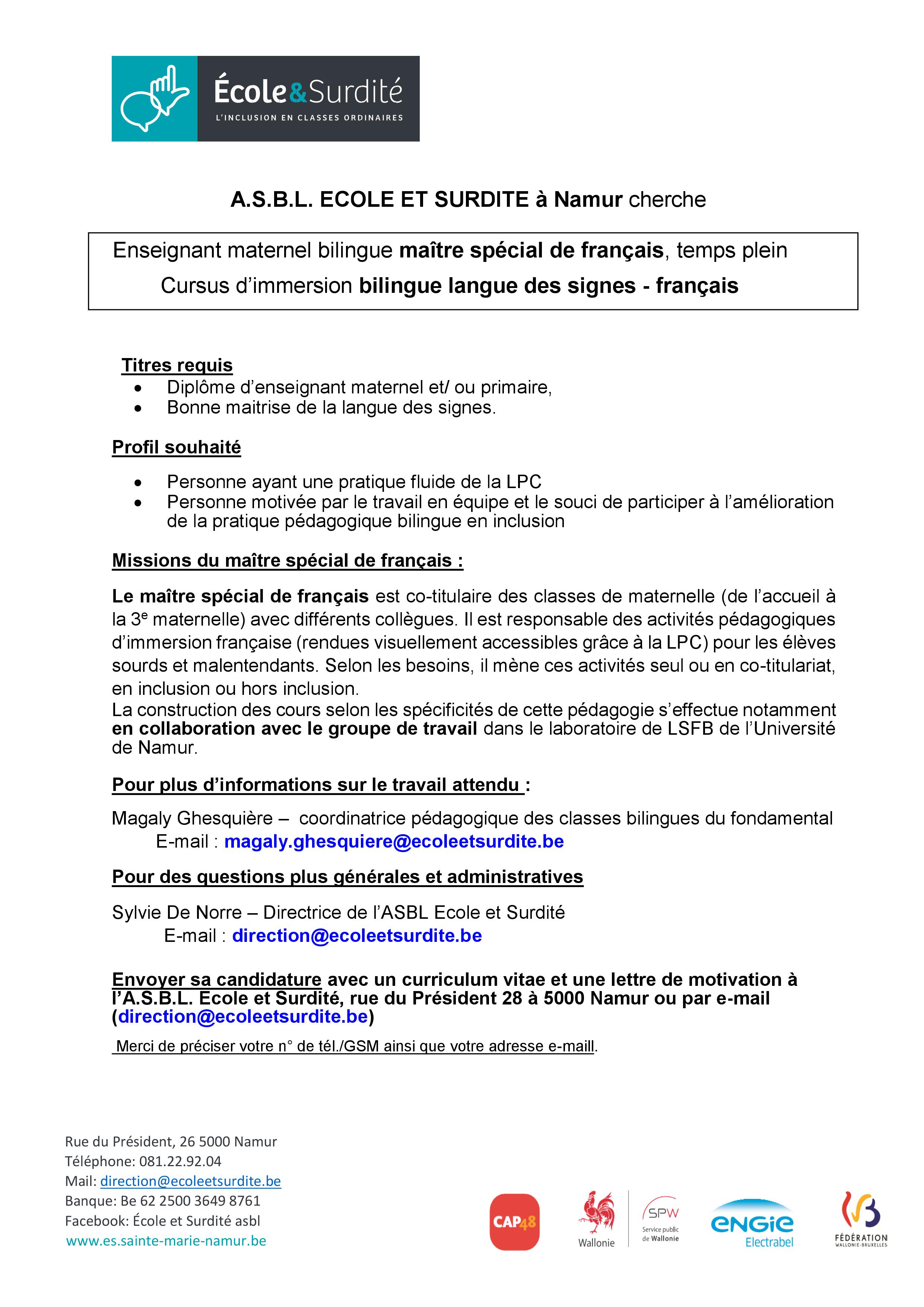 Offre d'emploi Enseignant maternel bilingue maître spécial de français, temps plein Cursus d Offre d'emploi Enseignant maternel bilingue maître spécial de français, temps plein Cursus d